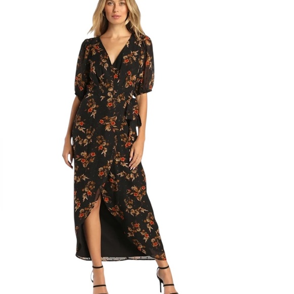 NEW Lulus Black Floral Wrap Dress S Autumnal Coquette Feminine Flirty Romantic - Picture 2 of 15